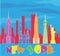 New York colorful  lettering and travel icons on blue sky background. Travel Postcard.