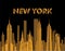 New York gold lettering. Vector with skycrapers and travel icons on black background. Travel card.