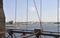 New York Harbor view from Brooklyn Bridge over East River of Manhattan from New York City in United States