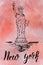 New york label with hand drawn the Statue of Liberty , lettering New york on a watercolor background