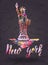 New york label with hand drawn the Statue of Liberty , lettering New york with watercolor fill