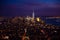 New York Manhattan skyline top view during autumn sunset with amazing colors and sights of skyscrapers