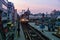 New York MTA subway train, Williamsburg bridge on the background in New York City , USA