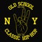New York, NY Hip-Hop typography for design clothes, t-shirt. Print with East Coast hand gesture. Graphic for apparel. Vector.