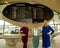 New York, NY / United States - Oct. 6, 2019: An interior view of three stewardesses inside the iconic TWA Hotel