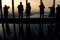 New York, NY / USA - 04.13.2018: Silhouette of a tourists on the One World observation deck view out of the window to