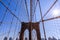 New York, NY/USA - November 06, 2019: View of Brooklyn Bridge with diagonal stays and vertical suspender cables. In the center of