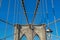 New York, NY/USA - November 06, 2019: View of Brooklyn Bridge with diagonal stays and vertical suspender cables. In the center of