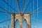New York, NY/USA - November 06, 2019: View of Brooklyn Bridge with diagonal stays and vertical suspender cables. In the center of