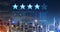 New York skyline and digital feedback dashboard hologram with stars