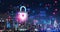 New York skyline at night, padlock hologram and business data protection