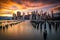 New york skyline reflection on the Hudson river at Brooklyn bridge at sunset