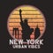New York slogan typography for design t-shirt with city buildings. NYC original grunge print for tee shirt. Vector