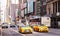 New York, streets. High buildings, colorful neon lights, cars and cabs
