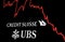 New York, US, March 2023: White Credit Suisse logo on a stock market performance chart trends. In March 2023, UBS bought Credit