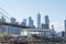 NEW YORK, USA - APRIL 28, 2018: Historic Jane. The Brooklyn Bridge, Lower Manhattan Skyline, New York City.