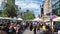 New York, USA. The farmers market with freshly picked vegetables. Local producers. Fresh products. Many people at the market