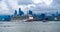 New York, USA - July11, 2023: Cruise ship Norwegian Joy Sailing next to Manhattan in New York. Skyline of New York