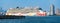 New York, USA - June 13, 2023: Cruise ship Norwegian Joy Sailing next to Manhattan in New York. Skyline of New York