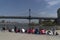 NEW YORK, USA, MAY 2 2019 - Dumbo Manhattan bridge view full of tourists