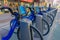 NEW YORK, USA - NOVEMBER 22, 2016: Bike rental on Times Square parked in a row in the street in New York city USA