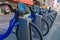 NEW YORK, USA - NOVEMBER 22, 2016: Bike rental on Times Square parked in a row in the street in New York city USA