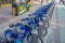 NEW YORK, USA - NOVEMBER 22, 2016: Bike rental on Times Square parked in a row in the street in New York city USA