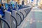 NEW YORK, USA - NOVEMBER 22, 2016: Close up of bike rental on Times Square parked in a row in the street in New York