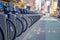 NEW YORK, USA - NOVEMBER 22, 2016: Close up of bike rental on Times Square parked in a row in the street in New York