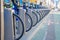 NEW YORK, USA - NOVEMBER 22, 2016: Close up of bike rental on Times Square parked in a row in the street in New York