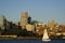 New York, USA - October 5, 2018: Boat navigating the Huston River near the banks of Manhattan