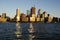 New York, USA - October 5, 2018: View of Riverside Park next to the city skyline at sunset from the Hudson River