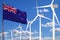 New Zealand alternative energy, wind energy industrial concept with windmills and flag industrial illustration - renewable
