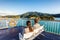 New Zealand cruise travel passengers enjoying nature view of ferry boat cruising in Marlborough sounds trip from Picton to