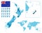 New Zealand detailed administrative blue map with country flag and location on the world map.