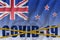 New Zealand flag and Covid-19 inscription with orange quarantine border tape. Coronavirus or 2019-nCov virus concept