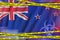 New Zealand flag and Covid-19 quarantine yellow tape. Coronavirus or 2019-nCov virus concept