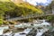 New Zealand hikers tourists crossing river bridge. Couple tramping backpacking woman, man hiking together with backpacks on