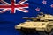 New Zealand modern tank with not real design on the flag background - tank army forces concept, military 3D Illustration