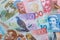 New Zealand money, all banknotes, dollar currency, financial background