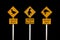 New Zealand road signs on black background. Caution kiwis caution wekas, caution penguins