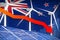 New Zealand solar and wind energy lowering chart, arrow down - environmental natural energy industrial illustration. 3D