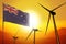 New Zealand wind energy, alternative energy environment concept with wind turbines and flag on sunset industrial illustration -