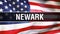 Newark city on a USA flag background, 3D rendering. United states of America flag waving in the wind. Proud American Flag Waving,