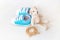 Newborn. baby accessories on a light background. Selective focus