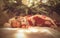 Newborn baby boy sleeping and dreaming under christmas tree wrapped at sleeping christmas bag