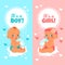 Newborn baby cards. Boy and girl vertical banners. Toddlers with bottles. Greeting child gender announcement. Pink and