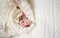 Newborn Baby Feet. Newborn Child. Baby Legs In Knitted Blanket. Beige Background