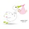 Newborn baby girl with stork greeting card