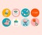 Newborn baby products for girl.Round icon set in retro flat Style.Milk bottle with nipple,dummy pacifier,rattle,booties.